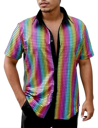 COSAVOROCK Chemise Disco Annee 70 Homme Manches Courtes Chemises Brillant Métallisée Moche Casual