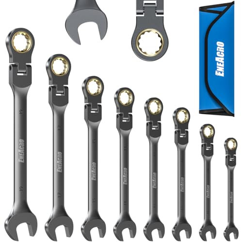 ENEACRO Juego de Llaves de Carraca Combinadas, Juego de Llaves Flexibles Antideslizantes de 8 Piezas, Métricas 8-19mm, 72 Dientes, Construidas en Cr-V, Niqueladas con Bolsa de Almacenaje