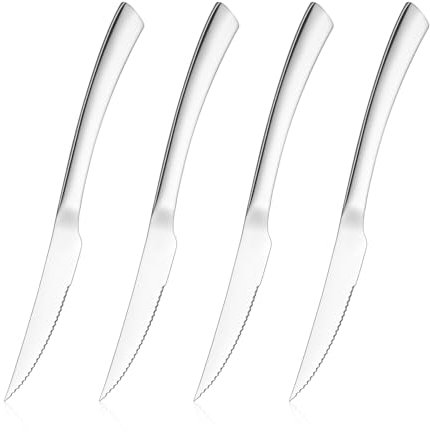 Homikit Steak Knives Set of 4, Stainless Steel Sharp Serrated Kitchen Knives with Ergonomic Handle, Full Tang Dinner Table Knives for Cutting Meat, Mirror Polished & Dishwasher Safe