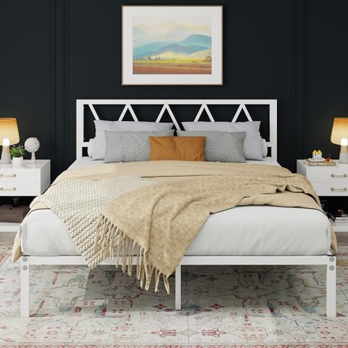 MOFLUT King Size Bed Frame with Headboard, Heavy Duty Metal Under Bed Storage, No Box Spring Needed, Easy Assembly, White