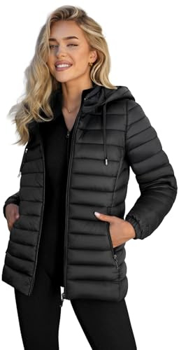 OZONEE Damen Übergangsjacke Regenjacke Jacke Übergang Jacken Herbst Bomberjacke Stehkragen Kapuze Steppjacke Kapuzenjacke Leichte Outdoor Puffer Jacket Gepolstert 777/1175K/392 SCHWARZ L