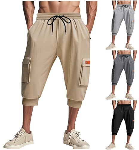 Men's Capri Sweatpants UK Deals Mens Cropped Trousers Cargo Capris 3/4 Length Loose Fit Combat Pants Joggers Lightweight Bottoms with Pockets Elasticated High Waist Activewear Three Quarter Clothes