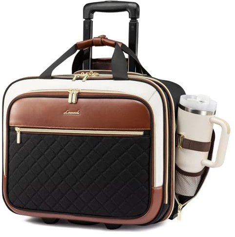 LOVEVOOK Rolling Laptop Bag Women, 17.3 Inch Laptop Briefcase with Wheels, Soft Sided Underseat Carry On Luggage Personal Item Suitcase for Work Travel Business, Black Brown Beige
