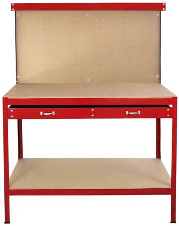 Monster Shop Workshop Workbench With Pegboard And Drawer Heavy-Duty Tool Storage Toolbox Worktop Garage Metal Shelf Station Shelving Unit DIY Steel Industrial Work-table Red | FREE 40 x Hooks