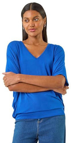 Roman Originals Blouson Top for Women Ladies Bubble Hem Stretchy Jersey Puff Sleeve Summer Smart Casual Office Work Spring Everyday Evening Vacation Work Holiday V Neck - Royal Blue - Size 10