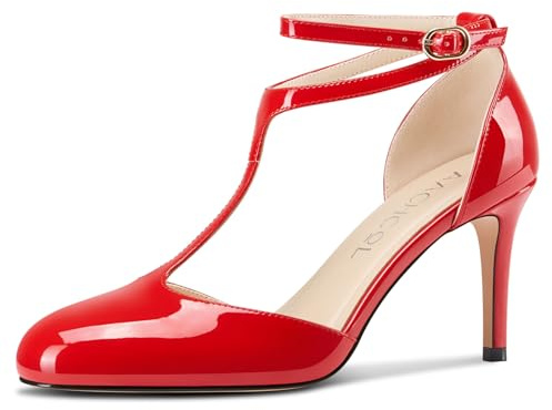 Aachcol Womens Round Toe T-Strap Stiletto High Heel Ankle Strap Mary Jane Pumps Court Shoe Office Party Dress Shoes 8 CM Heels Red 5 UK