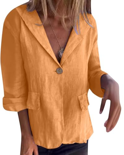 Chaqueta para mujer suelta, tallas grandes, botón sólido con solapas en mezcla de lino