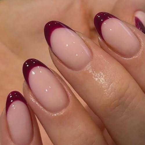 Almond Press On Nails Short - 24Pcs Red French Tip False Nails Nude Based - Wine Red Oval Fake Nails with Glue - Glossy Full Cover Acrylic Reusable Stick on Nail for Women Nail Art