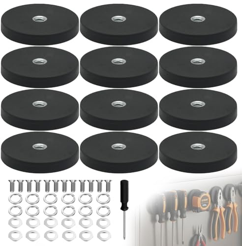 WIYETY Set med 12 gummerade neodymmagneter: 43 mm magnetkrok, 9 kg vidhäftningskraft, stabilitet, inre gänga, svart, rund