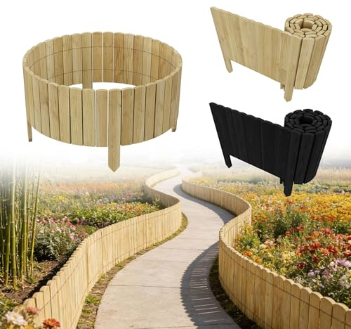 UISEBRT Rabattkant trä, flexibelt trästaket, klippkant, rullbord, träpalisader, plug-in staket för trädgård, blomrabattkant, längd 200 cm, höjd 30 cm, naturlig