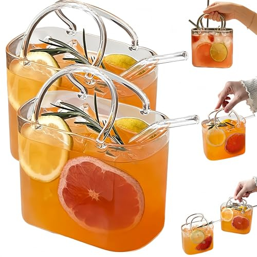 Genérico Vaso de Cristal con Forma de Bolso (26 oz) con Pajita, Copa de Cóctel Única con Diseño de Cartera, Jarrón Decorativo Multiusos para Zumos, Té Helado, Flores y el Hogar (2Piezas)