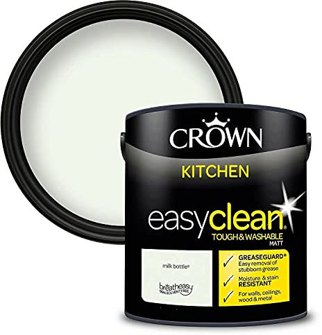 2.5L CROWN Easyclean Kitchen MATT Emulsion Multi Surface Paint With GREASEGUARD+ That can be Used on Walls, Ceilings, Wood and Metal. Stain & Scrub Resistant Formula – Milk bottle