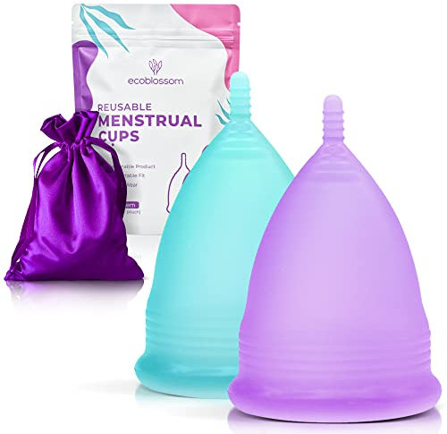 EcoBlossom Reusable Menstrual Cup Set - The Most Reliable Medical Grade Silicone Period Cups - Comfortably use for 12 Hours (Small & Large)