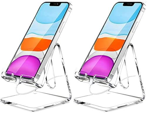 Crpich Acrylic Cell Phone Stand, Portable Phone Holder, Clear Phone Stand for Desk, Compatible with Phone16 15 14 13 12 Pro Max 11 Xr Plus SE, Switch, Android Smartphone, Pad, Desk Accessories, 2 Pack