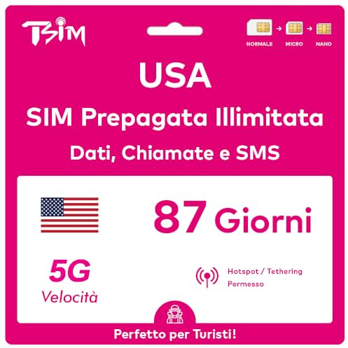 Scheda SIM USA valida per 87 giorni. Rete T-Mobile con dati illimitati ad alta velocità su 5G/4G/LTE | Chiamate e SMS locali illimitati negli Stati Uniti (inclusa Hawaii). Scheda SIM 5G!