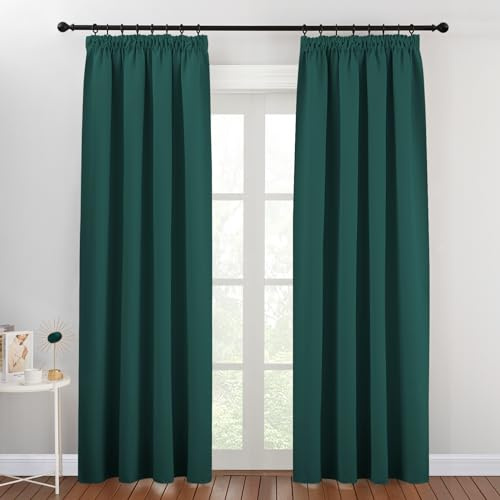 PONY DANCE Dunkelgrüne Gardinen Blickdicht Kräuselband 2er Set H 245 x B 140 cm Wohnzimmer Vorhänge Abdunkelnd Thermovorhang Hitzeschutz Verdunklungsvorhänge für Schienen