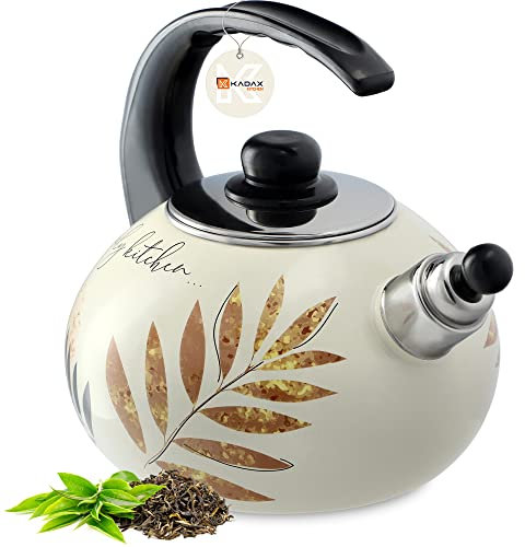 KADAX Wasserkessel, Kessel aus Edelstahl, 2.2L Flötenkessel, Wasserkocher für Induktion und Gasherd, Teekessel, Emaillekessel, Retro Kessel mit Pfeife (Blätter)
