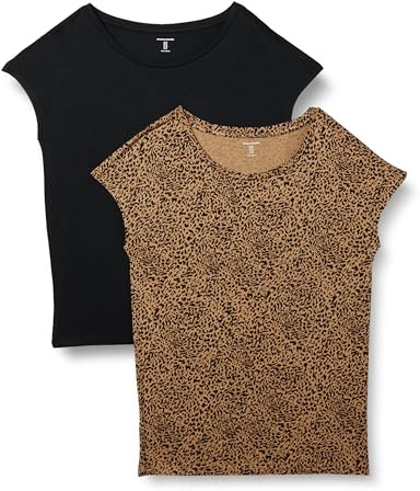 Amazon Essentials Camiseta de Jersey con Cuello de Barco de Manga Corta y Corte Estándar Mujer, Pack de 2, Marrón Guepardo/Negro, XS