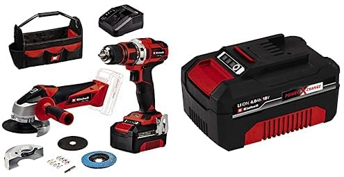 Einhell Taladro a batería TE-CD 18/40 Li + amoladora angular a batería TC-AG 18/115 Li PXC (iones de Li, 18V, incl. 2 batería 4Ah y cargador, accesorios de amoladora angular, caja de puntas, bolsa)