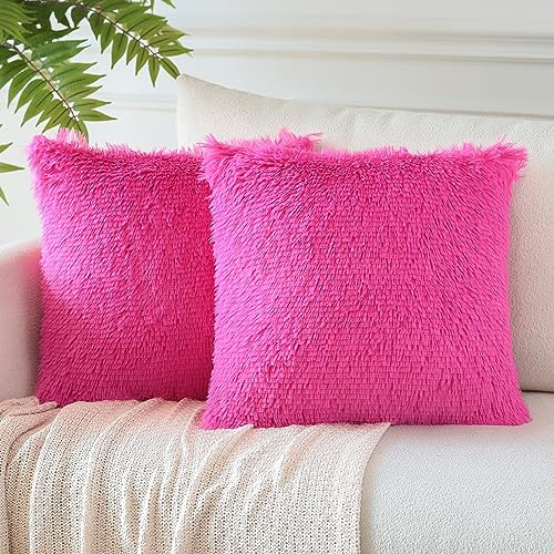 JOTOM Set of 2 Faux Fur Soft Solid Cushion Covers 45x45 cm Decorative Throw Pillow Covers Square Fluffy Cushion Case Home Decor Pillow Cases for Couch Sofa Living Room Bed 18x18 Inch (Hot Pink)