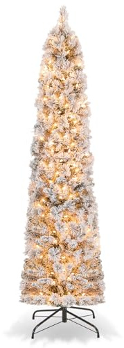 GYMAX Árbol de Navidad Artificial de 180 cm, Abeto con 373 Puntas de PVC y Agujas de Pino, Árbol de Navidad Artificial con Nieve y 150 Luces LED, para el Hogar, la Oficina y el Centro Comercial