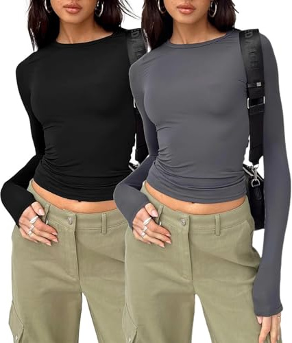 flintronic Y2K Haut Court à Manches Longues, T-Shirt Femme, 2PC Top Moulant Col Rond, Slim Fit Couleur Unie Basiques Chemises, Slim Fit Shirt Sexy Y2K Cropped