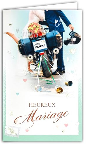 13-6159 Carte avec Enveloppe Heureux Mariage Just Married Félicitations aux Mariés pour Couple Homme/Femme Moto Motards Bouquet de Fleurs de la mariée Bagues Alliances Love Cœurs - Fabriqué en Europe