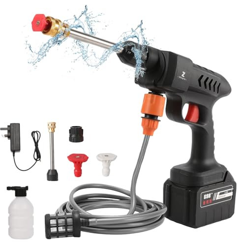Nettoyeur Haute Pression à Batterie, 60 Bar Pistolet Haute Pression sans Fil, Pistolet à Eau pour Lavage De Voiture avec Tuyau de 5M, Pulvérisateur de Mousse, pour Le Nettoyage et Arrosage