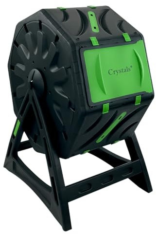 Crystals 65L Rotating Garden Compost Bin - Tumbling Composter with Air Holes, Durable Plastic Legs, Easy-Turn Barrel Design for Efficient Composting, Outdoor Garden Waste Recycling, Black/Green