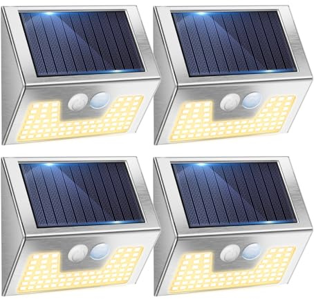 Solar Lights Outdoor Motion Sensor- Stainless Steel Led Security Lights IP65 Waterproof, 3 Lighting Modes, Warm White Brushed Nickel Pir Flood Lights for Wall Garden Yard Path - 4 Pack(Silver)