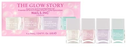 Nails Inc The Glow Story Nail Polish Set, Hyaluronic Acid, Glossy, No Chip, Long Lasting, Quick Dry, Air Dry, Professional Manicures & Pedicures, Fingernails & Toenails, Vegan Nail Polish, 4 Piece Set