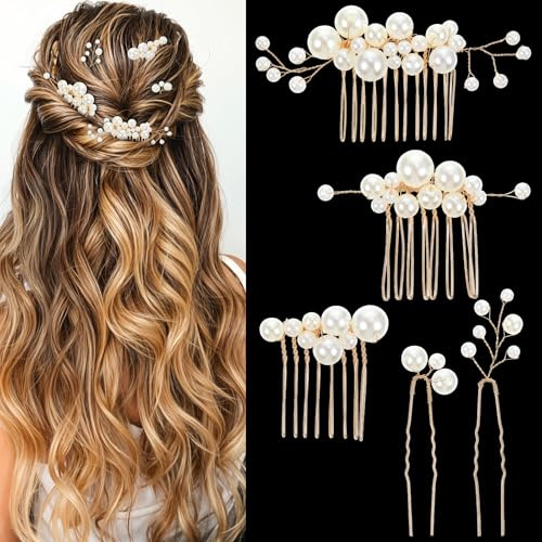 Pearl Hair Accessories 5 Pcs Gold Hair Comb for Wedding Bridal Pearl Pins Combs for Women Accessories Clips Vintage Headpiece Jewelry for Bridesmaids Brides Flower Girls