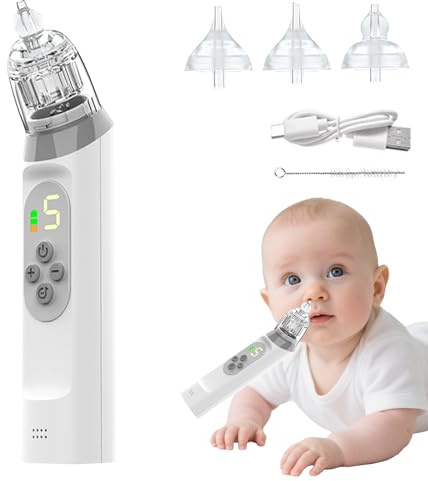 Nasensauger Baby, Baby Nasensauger mit 3 Silikonspitzen und 5 Einstellbaren Saugstufen, Anti Rückfluss Nasenreiniger mit Musik & Licht Beruhigend, Wiederaufladbar für Neugeborene und Kleinkinder