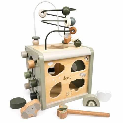 Mainely Personalizzabile cubo attività in Legno Oliva – motricità fine & apprendimento delle Forme – per Bambini da 12 Mesi – Personalizzato con Nome & Data del Battesimo – Label Label