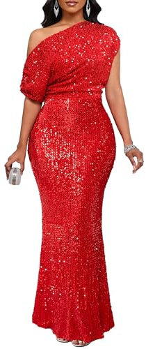 VERWIN Women's Sequin Maxi Dress Ruffle One Shoulder Bodycon Sparkly Mermaid Party Cocktail Gown
