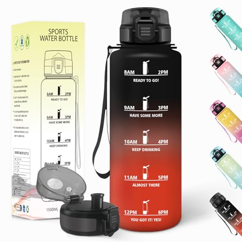 Baramumu Borraccia 1,5 litri, Riutilizzabile, Borraccia Motivazionale, a Prova di Perdite, Bottiglia Acqua, Senza BPA, Borracce, per Sport, Ciclismo, Palestra, Ufficio, Nero-Rosso