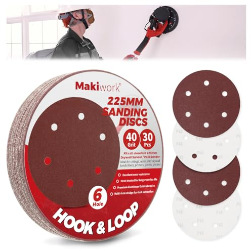 Makiwork 30PCS 9-Inch 6-Hole 40 Grit Hook & Loop Sanding Discs – Heavy-Duty Aluminum Oxide Sandpaper for Drywall Sander, Paint Removal, Wood & Metal Surface Prep