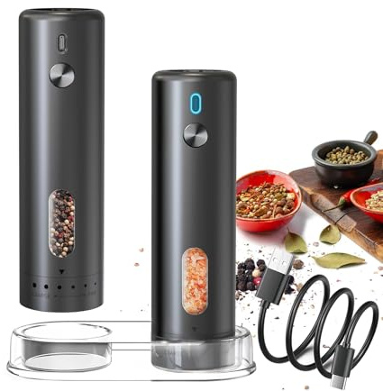 Electric Salt and Pepper Mill, Electric Spice Mill Set with Base, Salt and Pepper Grinder Chopper Electric Rechargeable for BBQ Restaurant Kitchen (Pack of 2)