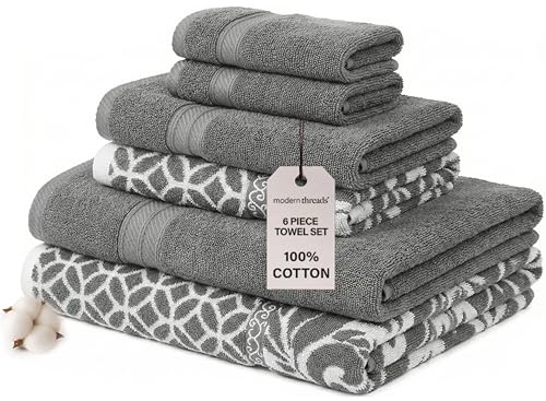Modern Threads Trefoil - Juego de 6 toallas de jacquard teñidas de hilo reversible de filigrana, toallas de baño, toallas de mano y paños de baño, súper absorbentes y de secado rápido, 100% algodón