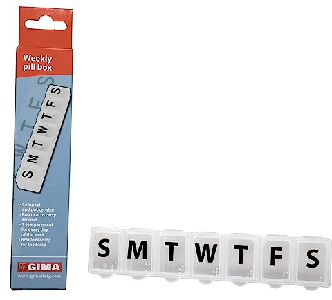 Gima, Portapillole Settimanale, bianco, a 7 scomparti con i giorni in inglese, in plastica resistente, 25830