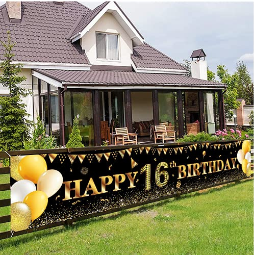 Happy 16th Birthday Banner,16th Birthday Decoration Black Gold,Party Backdrop Banner Fabric Banner.for Girl Boy 16thBirthday Photo Backdrop,Photography Background,Outdoor Yard Garden Table Wall Decor