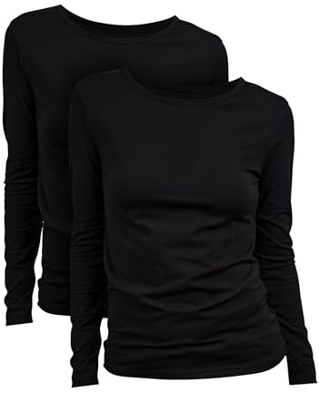 Basic Treasure Lot de 2 T-Shirts Manches Longues Femme Noir, Coton Stretch 95%, Taille M, Haut Basique Confortable