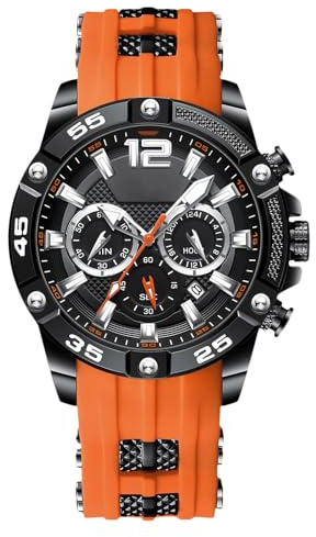 rorios Herren Mode Armbanduhren Silikon Sport Uhr Analog Quarz Uhr Multifunktional Chronograph Uhren Leuchtend Datum Kalender Uhr für Männer Orange