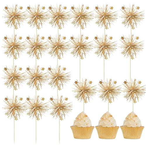 Kabwea 20 Stück Folien Feuerwerk Cupcake Topper, Happy Birthday Kuchendeckel, Glitzer Tinsel Blumen, Cupcake Topper, Tortendeko Junge, Dekorationen Gold