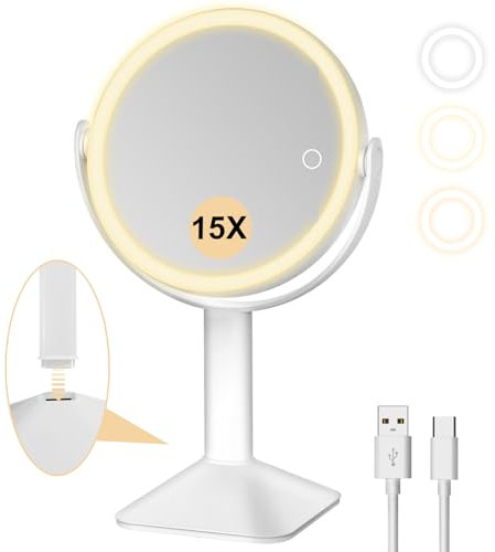 15-Fache Schminkspiegel mit Beleuchtung Wiederaufladbarer Vergrößerungsspiegel mit Licht 3 Farblichter, Dimmbarer Touchscreen Kosmetikspiegel für Schlafzimmer Schminktisch,360°Rotating Tischspiegel