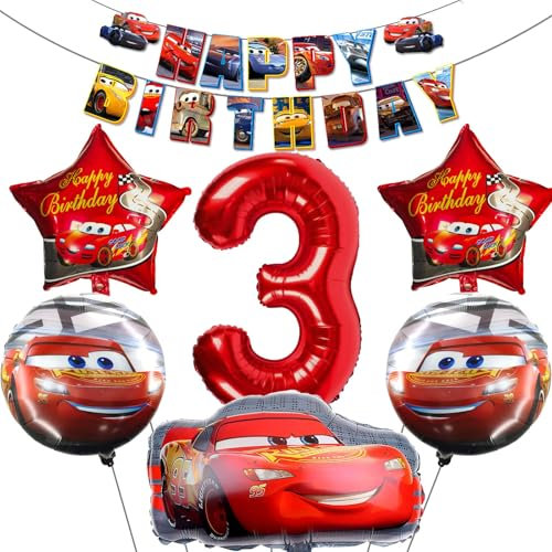 Cars Geburtstagsdeko 3 Jahre,mit Riesenzahl Rot 3 Folienballon Luftballon,5 Auto Folienballons,Happy Birthday Banner,Geburtstagsdeko Cars Jungen