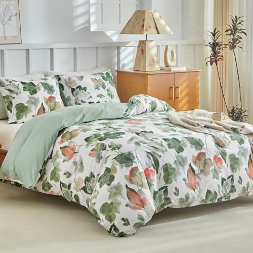 Lekesky King Size Duvet Cover Sets Maple Leaves Print Green Bedding Sets (1x Quilt Cover, 2x Pillowcase) Microfiber King Size Duvet Cover 230x220 cm