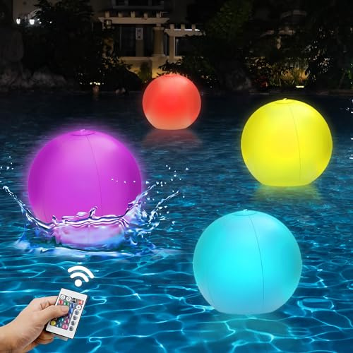 4-Pack LED Light-Up Beach Balls, Glow-in-The-Dark Floating Pool Toys with 16 Colors, 4 Modes & Remote, Inflatable Fun for Kids Adults,Pool Parties Beach Games Backyard Events & Nighttime Decor