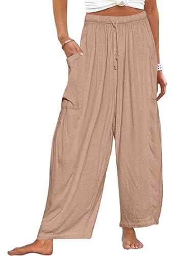 CheChury Pantaloni Estivi da Donna in Lino Pantaloni Casual in Cotone e Tessuto di Lino Pantaloni Casual con Coulisse Monocromatici Pantaloni da Spiaggia Elastico a Vita Alta e Gamba Larga con Tasche
