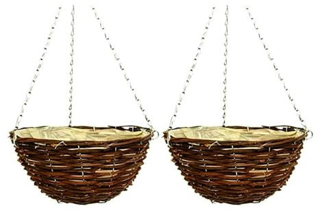 shopior 30cm 12Inch Hanging Wicker Basket Planters – Natural Rattan Willow Hanging Flower Pots with Polythene Liner & Sturdy Metal Chain – Large Decorative Planters for Indoor & Outdoor (Pack 2)